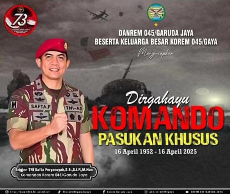 Danrem 045/Garuda Jaya Ucapkan Dirgahayu ke-73 Komando Pasukan Khusus (Kopassus)